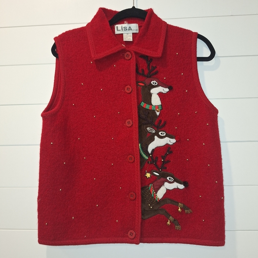 Lisa International Boiled Wool, Three Reindeer Red Christmas Vest, Women's M